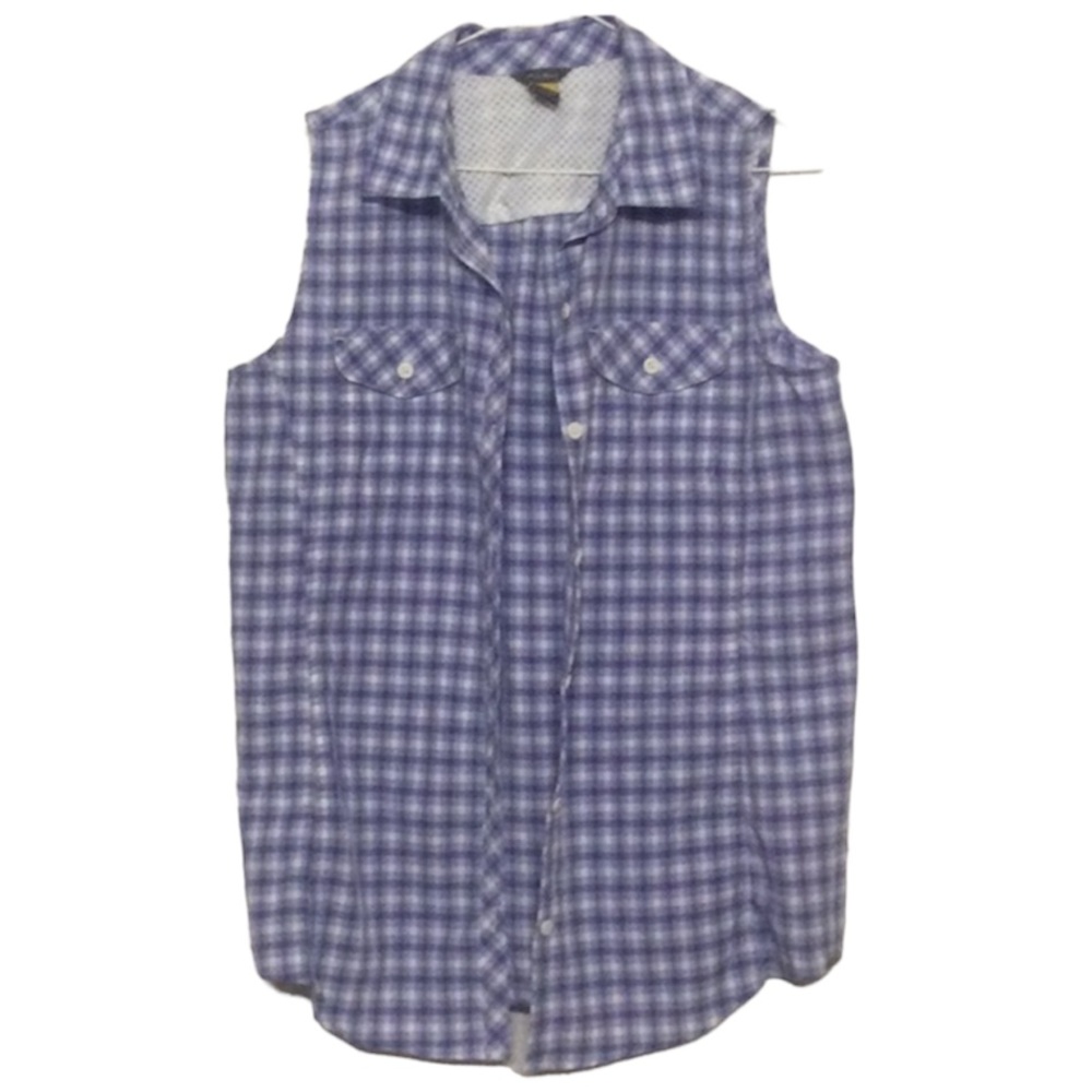 🌞 Eddie Bauer mountain travex blue plaid button up sleeveless top women M